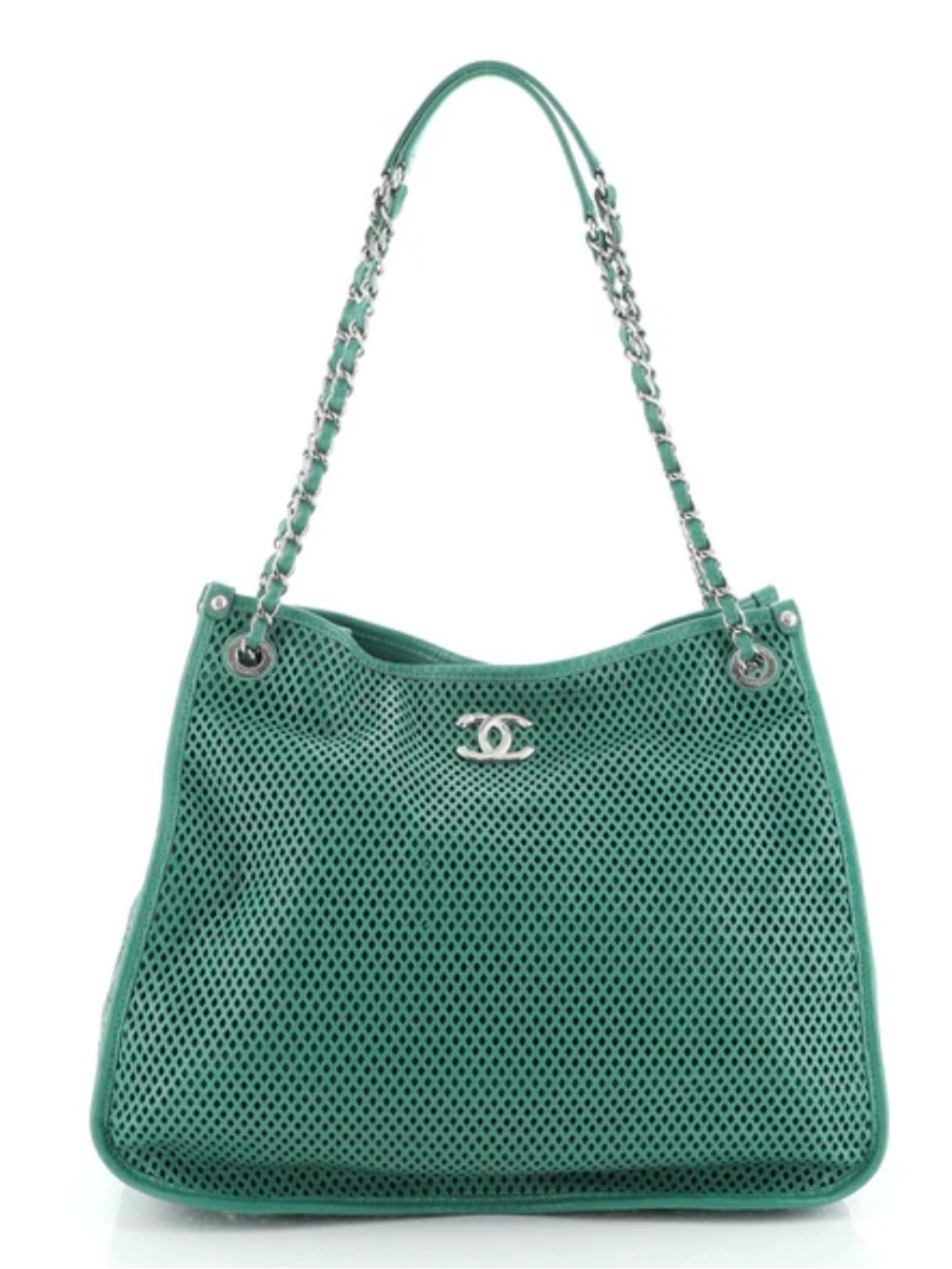 CHANEL Teal Perforated Leather Shoulder Bag with Chain Strap